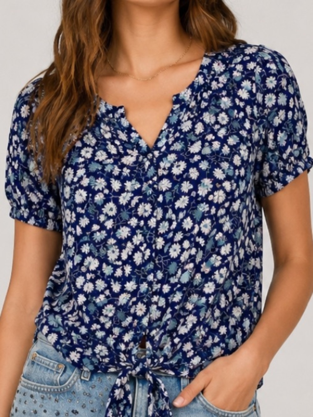 Madewell Blue Novel Tie-Front Top in French Floral Extra Small XS